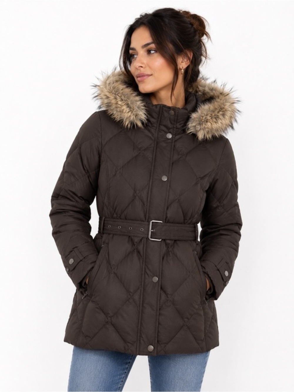 Lands’ End Women’s S Brown Down Puffer Coat Belted Faux Fur Hood Quilted